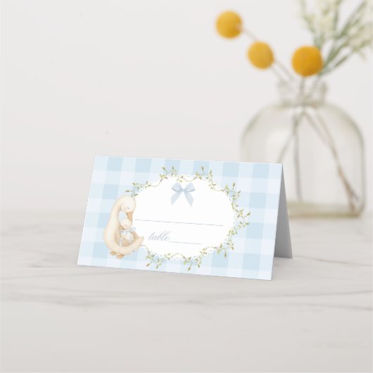 Silly Goose Blue Bow Gingham Whimsical Platzkarte (Vorderseite)
