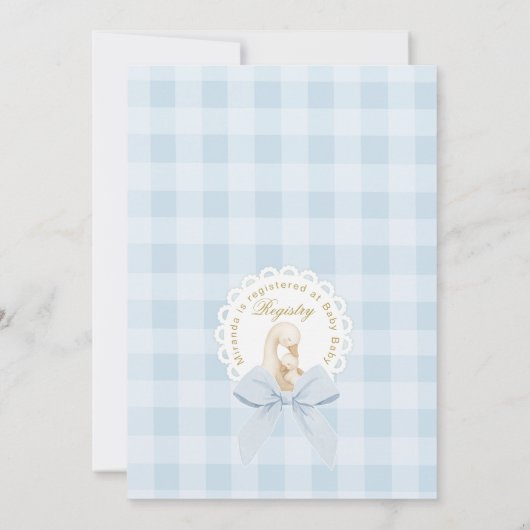 Silly Goose Blue Gingham Baby Boy Shower Einladung (Rückseite)