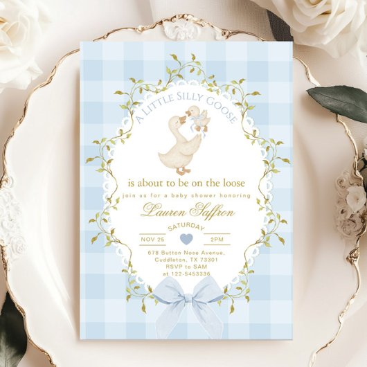 Silly Goose Blue Gingham Baby Boy Shower Einladung