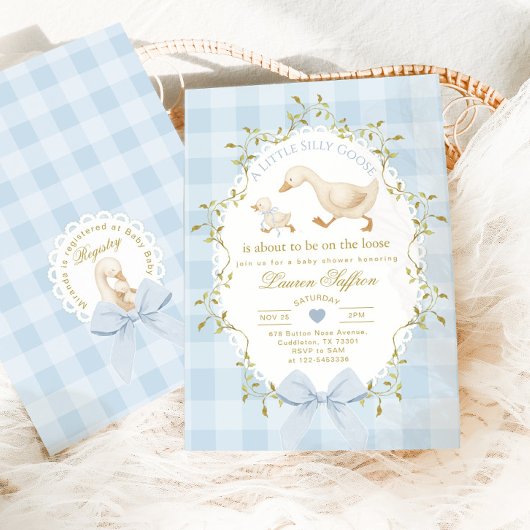 Silly Goose Blue Gingham Baby Boy Shower Einladung
