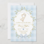 Silly Goose Blue Gingham Baby Boy Shower Einladung (Vorderseite)