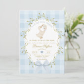 Silly Goose Blue Gingham Baby Boy Shower Einladung (Stehend Vorderseite)