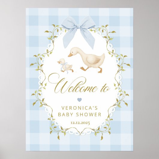 Silly Goose Blue Gingham Baby Shower Welcome Poster (Vorne)