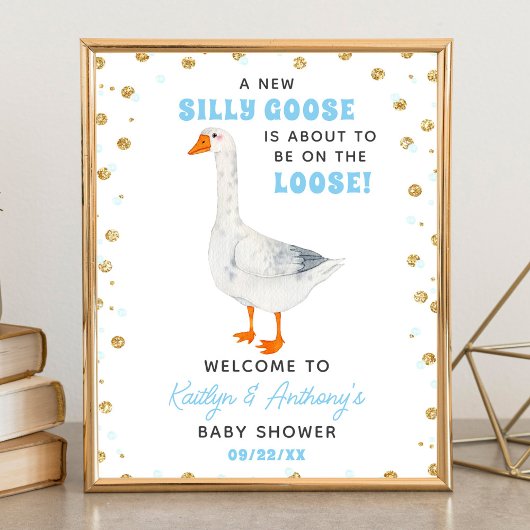 Silly Goose Blue Watercolor Baby Shower Welcome Poster