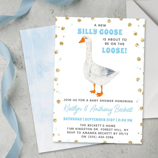 Silly Goose Blue Watercolor Boys Baby Shower Einladung