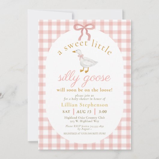 Silly Goose Blush Pink Bow Gingham Baby Shower  Einladung (Vorderseite)