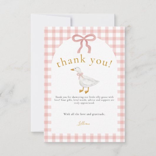 Silly Goose Blush Pink Gingham Baby Shower  Dankeskarte (Vorderseite)