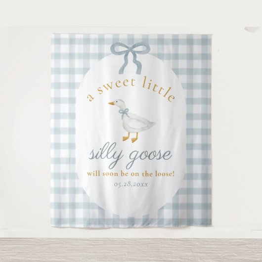 Silly Goose Duck Blue Gingham Baby Shower Backdrop Wandteppich (Vorderseite)