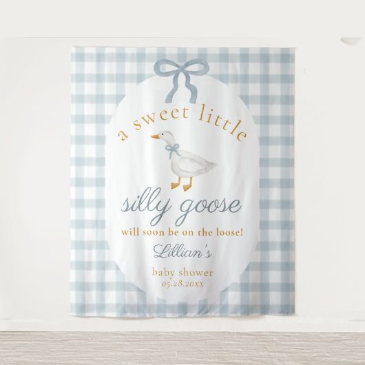 Silly Goose Duck Blue Gingham Baby Shower Backdrop Wandteppich (Vorderseite)