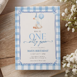 Silly Goose First Birthday Blue Gingham Boy Einladung