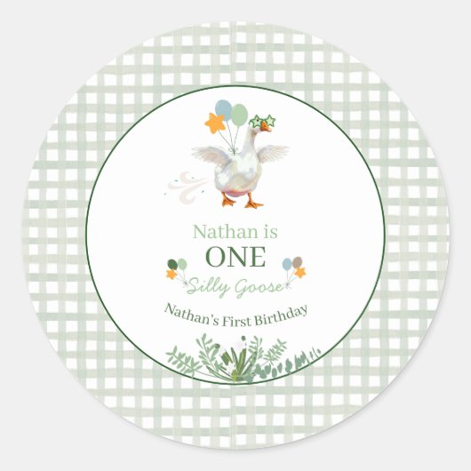 Silly Goose First Birthday Green Runder Aufkleber (Vorderseite)