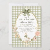 Silly Goose Floral Green Gingham Birthday Party Einladung (Vorderseite)