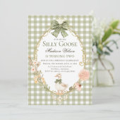 Silly Goose Floral Green Gingham Birthday Party Einladung (Stehend Vorderseite)
