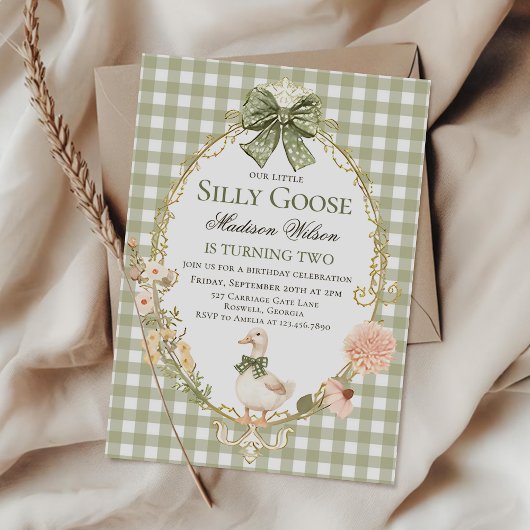 Silly Goose Floral Green Gingham Birthday Party Einladung