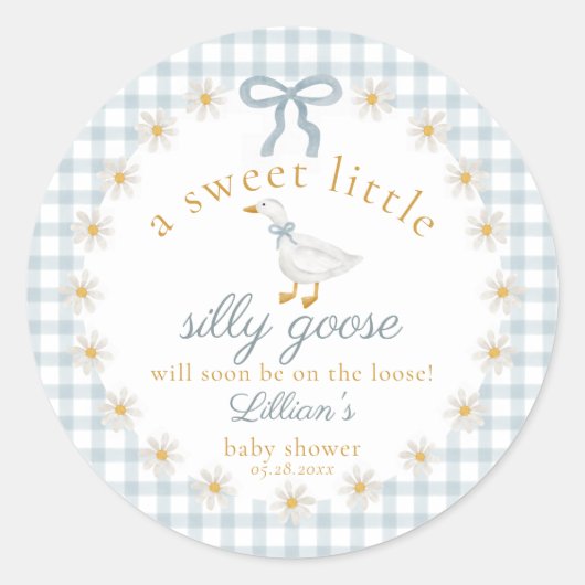 Silly Goose Flower Bow Baby Shower Blue Gingham  Runder Aufkleber (Vorderseite)