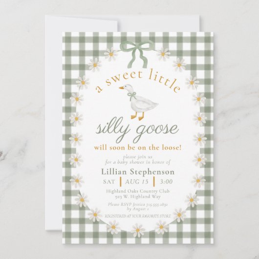 Silly Goose Green Bow Daisy Gingham Baby Shower Einladung (Vorderseite)