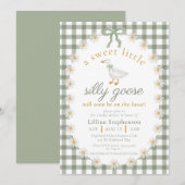 Silly Goose Green Bow Daisy Gingham Baby Shower Einladung (Vorne/Hinten)