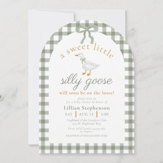 Silly Goose Green Gingham Arch Baby Shower QR Code Einladung (Vorderseite)