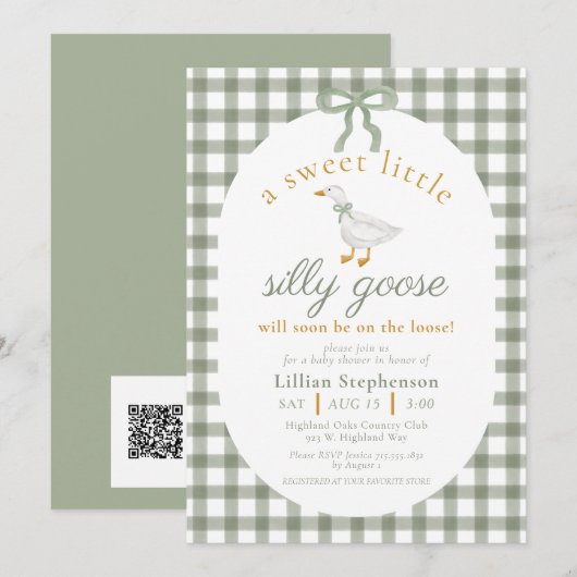 Silly Goose Green Gingham Baby Shower QR Code Einladung (Vorne/Hinten)