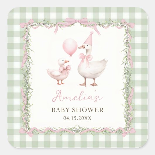 Silly Goose Green Gingham Baby Shower Sticker (Vorderseite)
