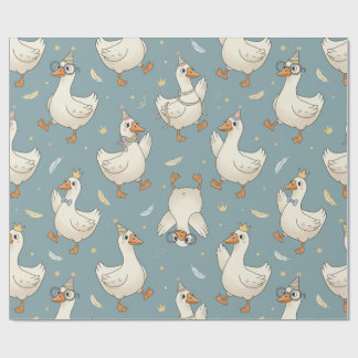 Silly Goose Party – Blue Background with Feathers Geschenkpapier