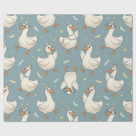 Silly Goose Party – Blue Background with Feathers Geschenkpapier (Flach)
