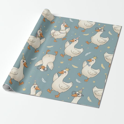 Silly Goose Party – Blue Background with Feathers Geschenkpapier (Ungerollt)