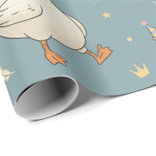 Silly Goose Party – Blue Background with Feathers Geschenkpapier (Rolleneckpunkt)