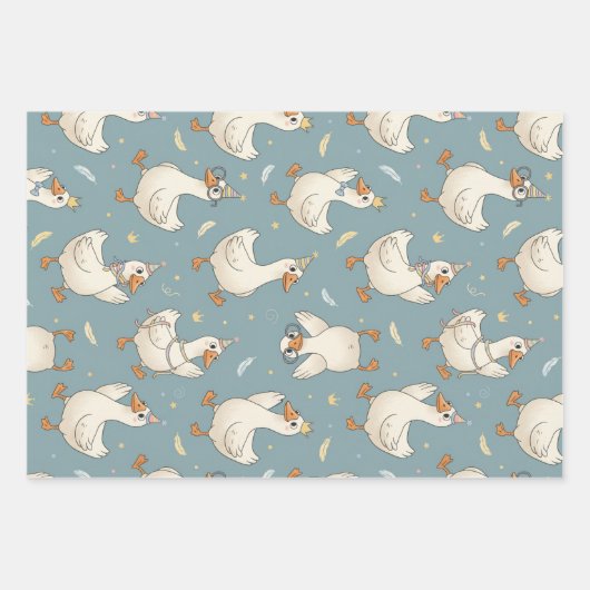Silly Goose Party – Blue Background with Feathers Geschenkpapier Set (Vorderseite 2)