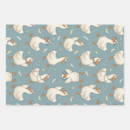 Silly Goose Party – Blue Background with Feathers Geschenkpapier Set