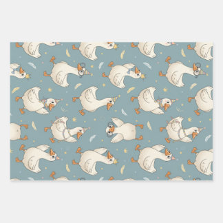 Silly Goose Party – Blue Background with Feathers Geschenkpapier Set