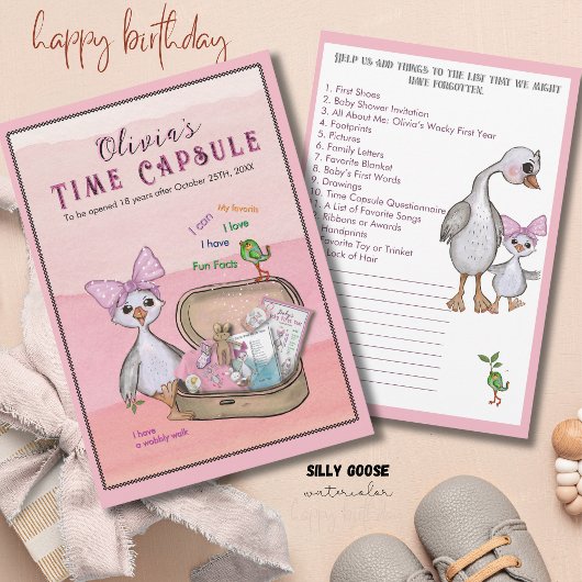 Silly Goose Pink Bow Birthday Time Capsule Game Einladung