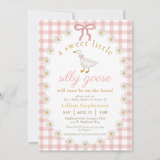 Silly Goose Pink Bow Daisy Gingham Baby Shower Einladung (Vorderseite)