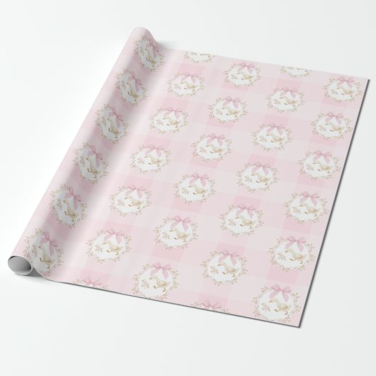 Silly Goose Pink Bow Whimsical Preppy Gingham Geschenkpapier (Ungerollt)