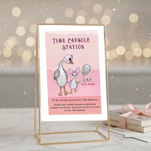 Silly Goose & Pink Bow | Zeitkapsel-Stationsschild Einladung