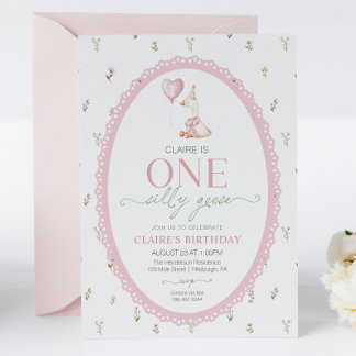 Silly Goose Pink Floral First Birthday Einladung