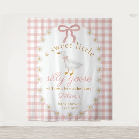 Silly Goose Pink Gingham Baby Shower Backdrop Wandteppich (Vorderseite)
