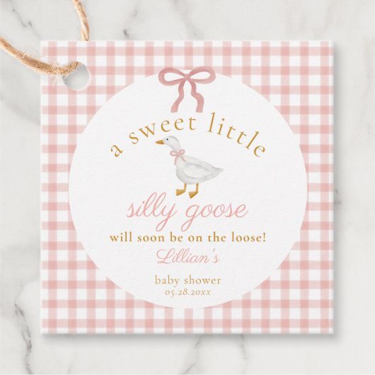 Silly Goose Pink Gingham Baby Shower Favor  Geschenkanhänger (Vorderseite)