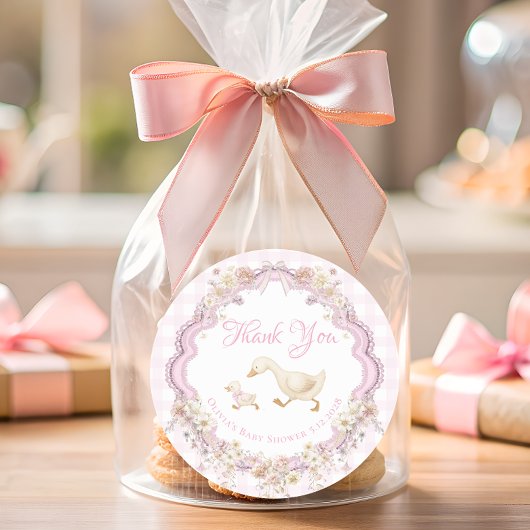 Silly Goose Pink Gingham Baby Shower Thank You Runder Aufkleber
