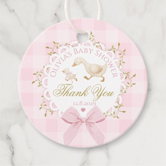 Silly Goose Pink Gingham Bow Baby Shower Thank you Geschenkanhänger (Vorderseite)