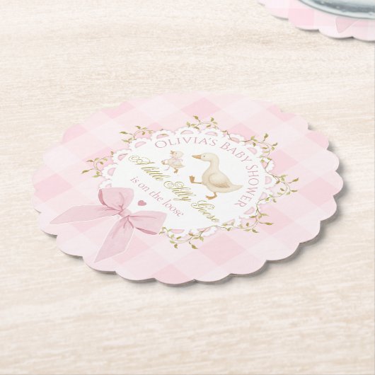 Silly Goose Pink Gingham Bow Baby Shower Untersetzer (angewinkelt)