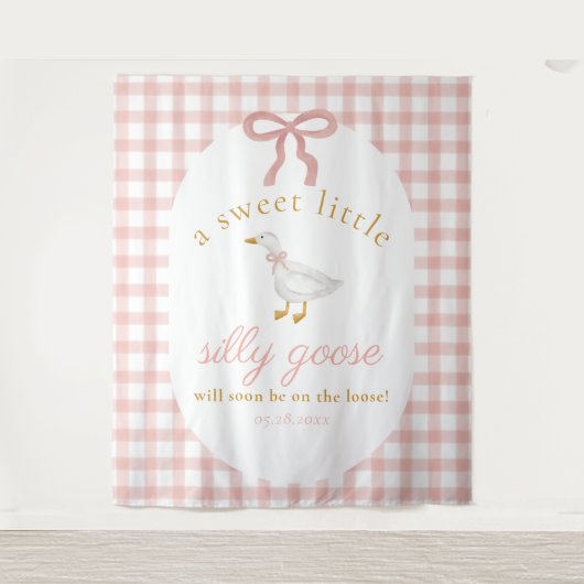 Silly Goose Pink Gingham Girl Baby Shower Backdrop Wandteppich (Vorderseite)