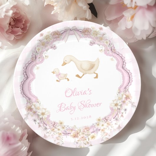 Silly Goose Pink Gingham Girl Baby Shower Pappteller