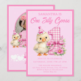 Silly Goose Rosa Gingham-Schleife 1. Geburtstagsfo Einladung