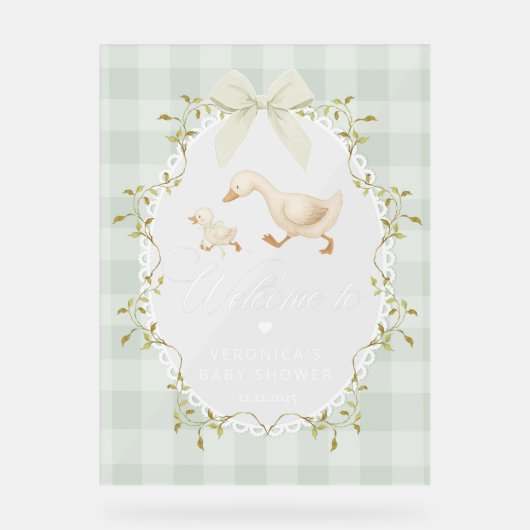 Silly Goose Sage Gingham Baby Shower Welcome Acrylschild (Vorderseite)