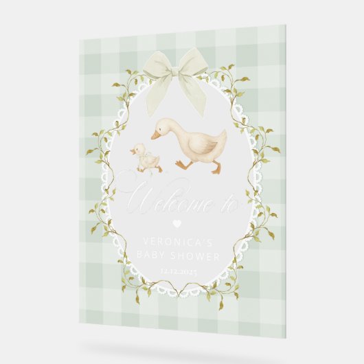 Silly Goose Sage Gingham Baby Shower Welcome Acrylschild (Winkel)