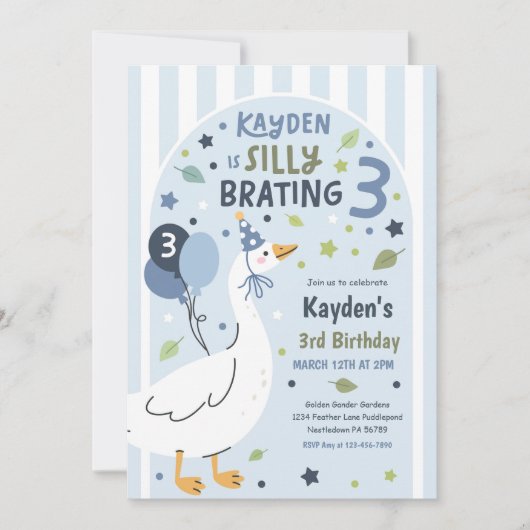 Silly Goose Silly-Brating Three Birthday Party  Einladung (Vorderseite)
