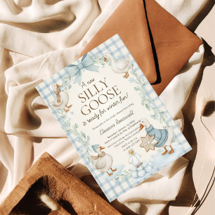 Silly Goose Winter Babyparty Blau Gingham Einladung