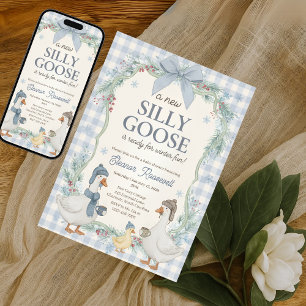 Silly Goose Winter Blau Kariert Gingham Babyparty Einladung