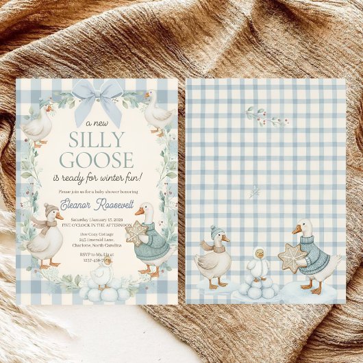 Silly Goose Winter Blue Plaid Baby Shower Einladung